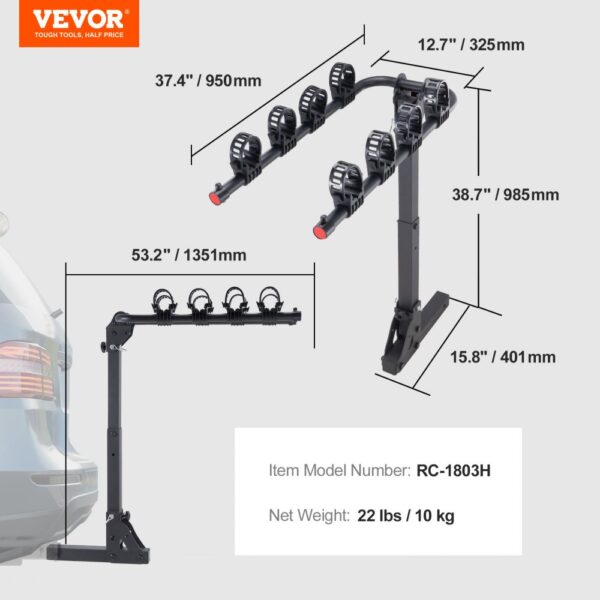 VEVOR hitch mount bike rack rc-1803h, 53.2" length, 38.7" height, holds four bikes, 22 lbs/10 kg weight.