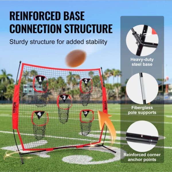 VEVOR football trainer net with reinforced base and five target nets on a football field background.