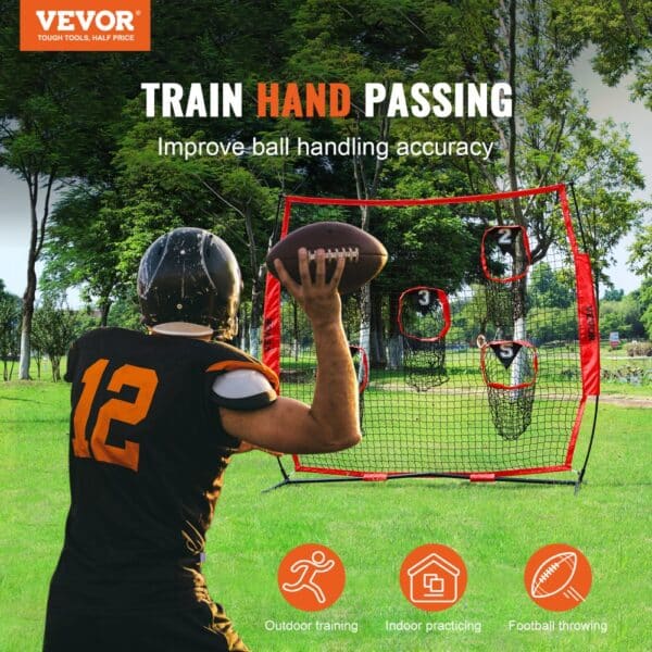 VEVOR 8 x 8 ft Football Trainer Throwing Net, Training Throwing Target Practice Net with 5 Target Pockets, Knotless Net Includes Bow Frame and Portable Carry Case, Improve QB Throwing Accuracy, Red