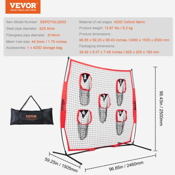 VEVOR 8 x 8 ft Football Trainer Throwing Net, Training Throwing Target Practice Net with 5 Target Pockets, Knotless Net Includes Bow Frame and Portable Carry Case, Improve QB Throwing Accuracy, Red