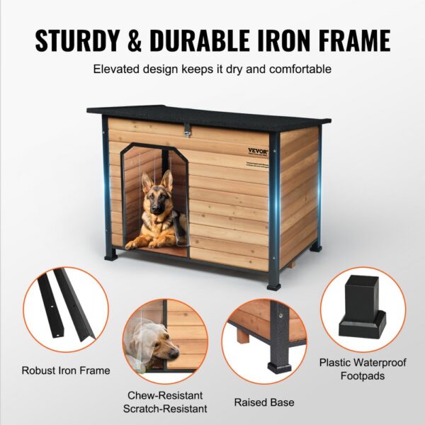 VEVOR outdoor dog house with sturdy iron frame, raised base, chew-resistant materials, and waterproof footpads.