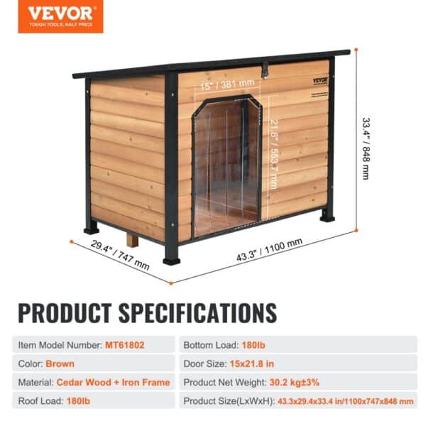 VEVOR outdoor dog house with cedar wood and iron frame, 43.3"x29.4"x33.4", brown.