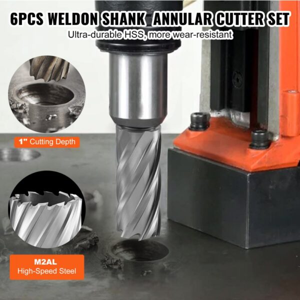 6pcs weldon shank VEVOR annular cutter set with hss metal drilling, m2al for 1" cutting depth.