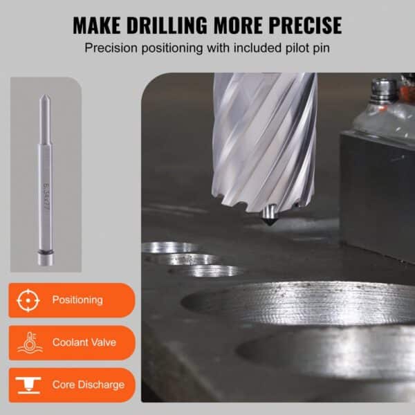 VEVOR annular cutter set for precision drilling, includes pilot pin, showcasing core discharge and coolant valve.