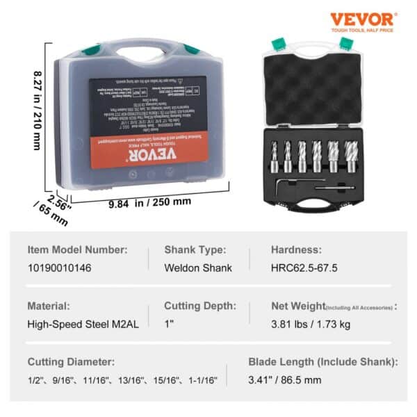 VEVOR annular cutter set in a plastic carrying case with specifications and various cutter sizes.