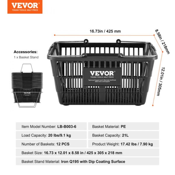 VEVOR Shopping Basket Grocery Basket 12PCS 21L with Iron Handle & Stand Black