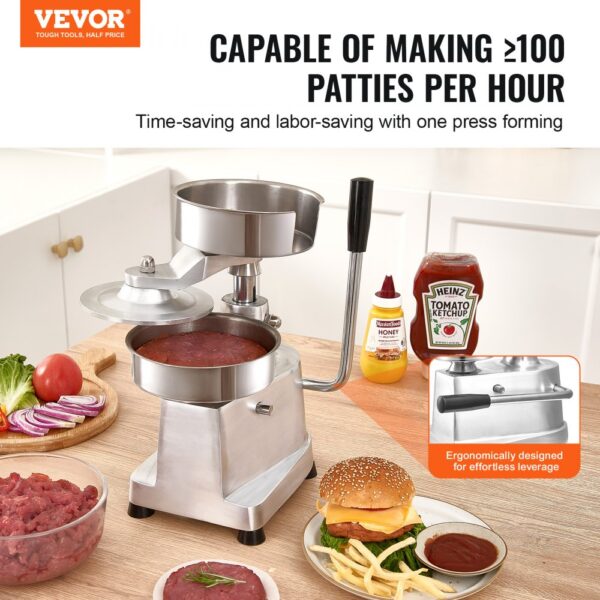 VEVOR burger patty maker on a kitchen counter, creating patties with condiments and ingredients nearby.