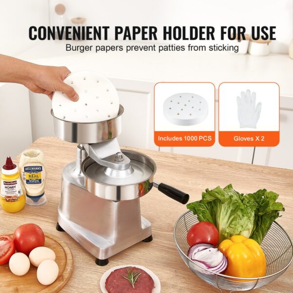 VEVOR burger patty maker with paper holder, 1000 burger papers, and gloves x2 near vegetables and condiments.