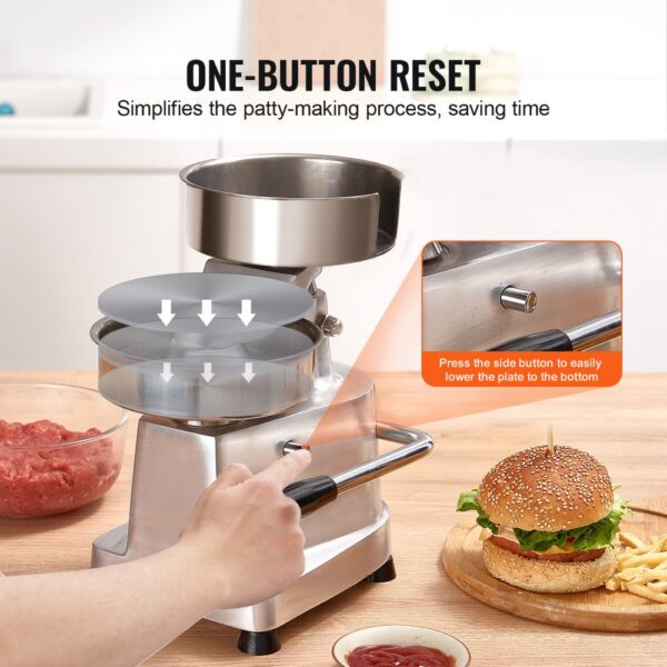 VEVOR burger patty maker with one-button reset, fresh ground meat, and hamburger with fries.