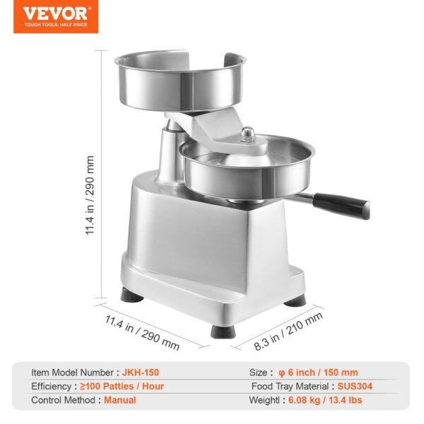 VEVOR burger patty maker, manual, stainless steel, 6-inch size, 2100 patties/hour efficiency.