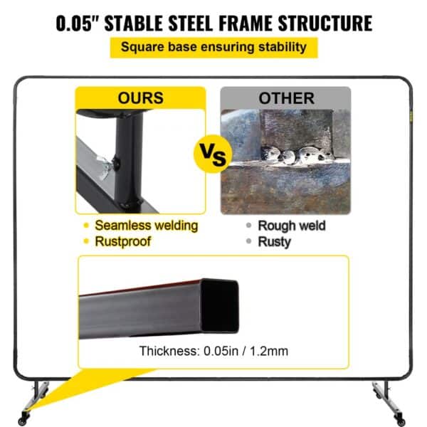 VEVOR welding curtain showing stable steel frame with seamless welding vs. rough weld.