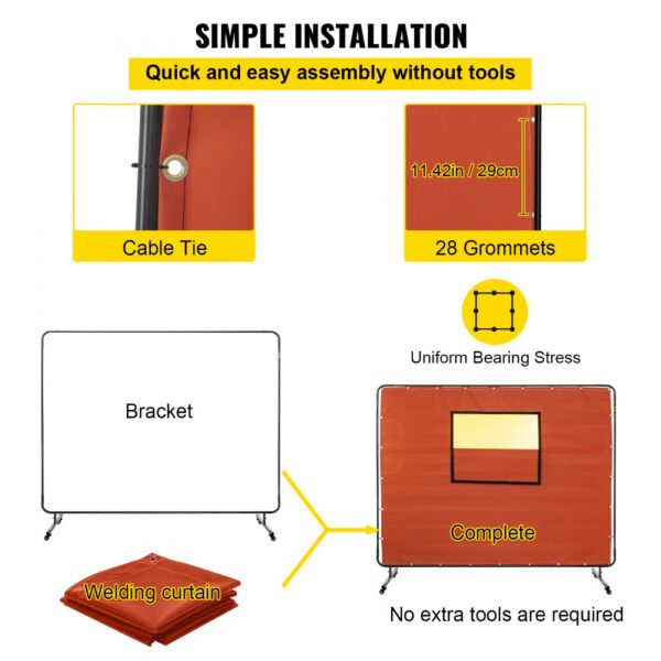 VEVOR welding curtain, easy assembly with cable ties and grommets, no tools needed.