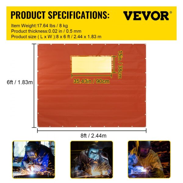 VEVOR welding curtain 8x6ft; specifications and product images of welders at work.