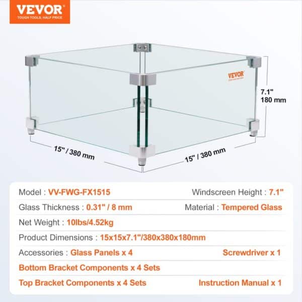 VEVOR gas fire pit wind guard, tempered glass, 15x15 inches, 7.1" windscreen height, 8mm thickness.