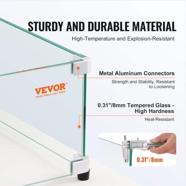 VEVOR glass wind guard with metal aluminum connectors and 0.31"/8mm tempered glass; sturdy and durable.