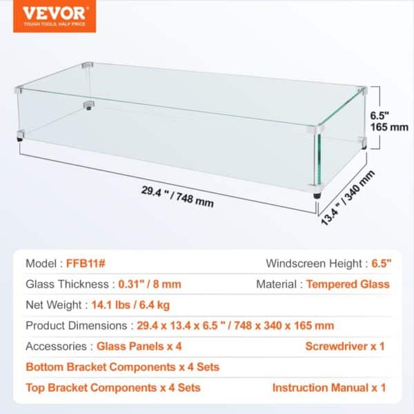 VEVOR glass wind guard: 6.5" tempered glass panels, 29.4" x 13.4", sturdy brackets, includes screwdriver.