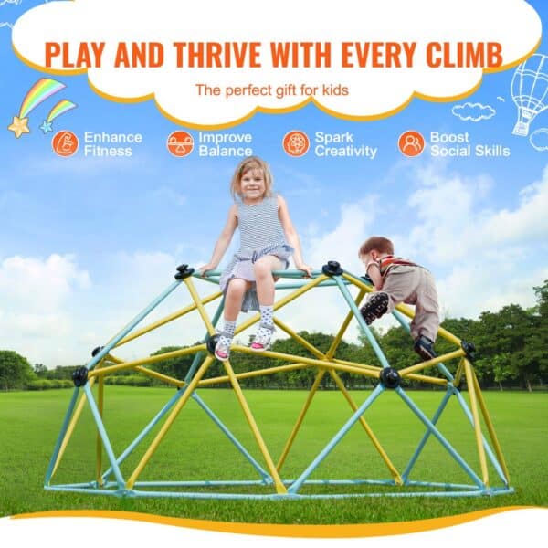 kids playing on a colorful VEVOR climbing dome in a green park under a blue sky with motivational text.