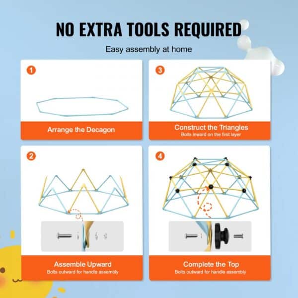 VEVOR climbing dome assembly guide: arrange decagon, construct triangles, assemble upward, complete top.