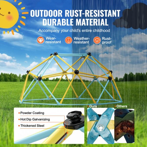 VEVOR climbing dome on a sunny and rainy day, showcasing rust-resistant, wear-resistant, weather-resistant features.