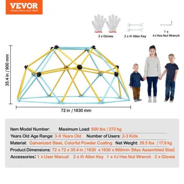 VEVOR climbing dome for kids, with colorful steel frame, includes gloves, allen keys, and hex nut wrench.