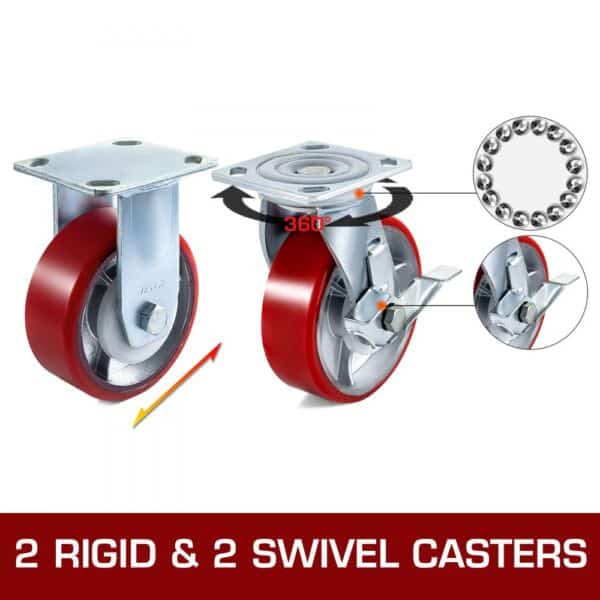 VEVOR caster wheels set of 2 rigid and 2 swivel casters with red polyurethane wheels.