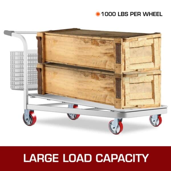 cart with wooden crates and VEVOR caster wheels, boasting 1000 lbs per wheel.