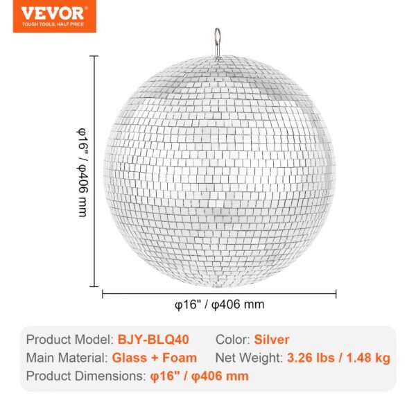 VEVOR Mirror Disco Ball 16 In Silver Party Large Disco Ball with Hanging Ring