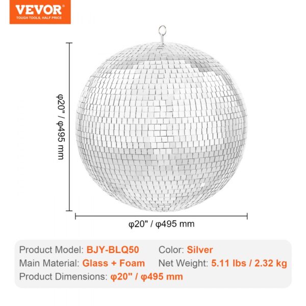 VEVOR Mirror Disco Ball 20 In Silver Party Large Disco Ball with Hanging Ring