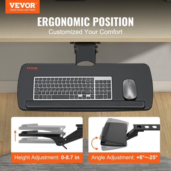 VEVOR keyboard tray with height and angle adjustment for ergonomic positioning under a desk.