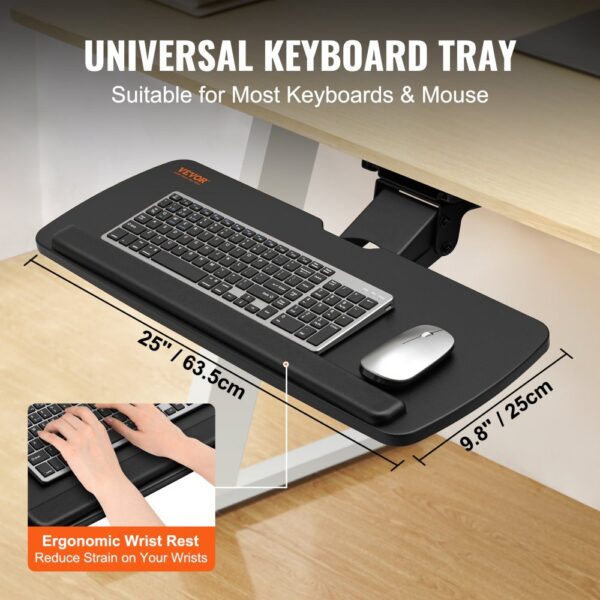 VEVOR keyboard tray with ergonomic wrist rest, fits most keyboards and mouse, 25" x 9.8" size.