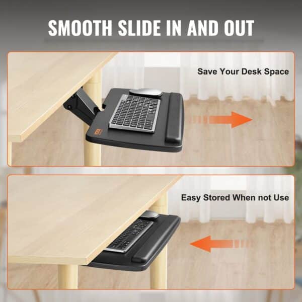 VEVOR keyboard tray slides under desk for space saving and easy storage.