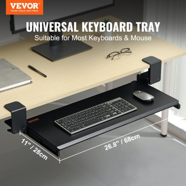 VEVOR keyboard tray under a desk with a keyboard, mouse, notebook, pen, and glasses on top.