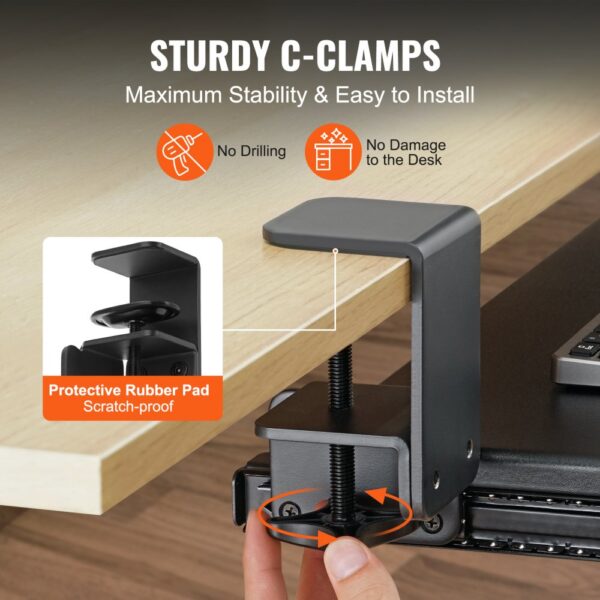 sturdy c-clamps for VEVOR keyboard tray installation with scratch-proof protective rubber pad.