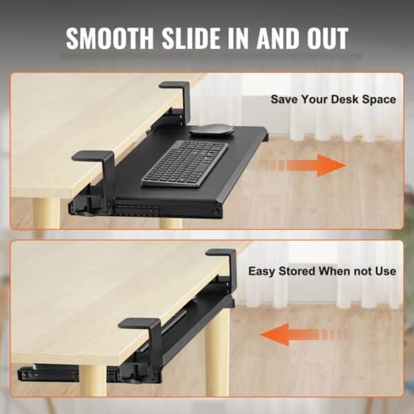 VEVOR keyboard tray smoothly slides under desk to save space, with easy storage when not in use.