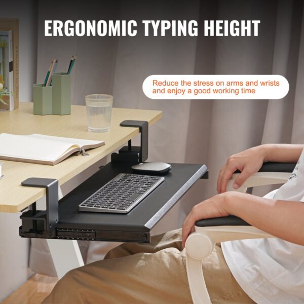 VEVOR ergonomic keyboard tray for comfortable typing at adjustable desk setup.