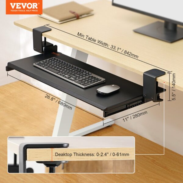 VEVOR keyboard tray with dimensions, attached to a desk, showing a keyboard and mouse on the tray.