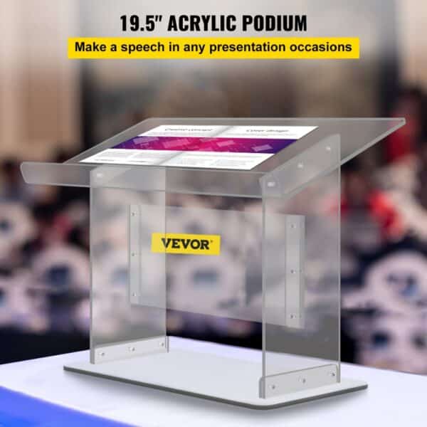 VEVOR acrylic podium with a document holder, perfect for presentations and speeches.