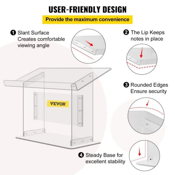 user-friendly VEVOR acrylic podium with slant surface, lip, rounded edges, and steady base.