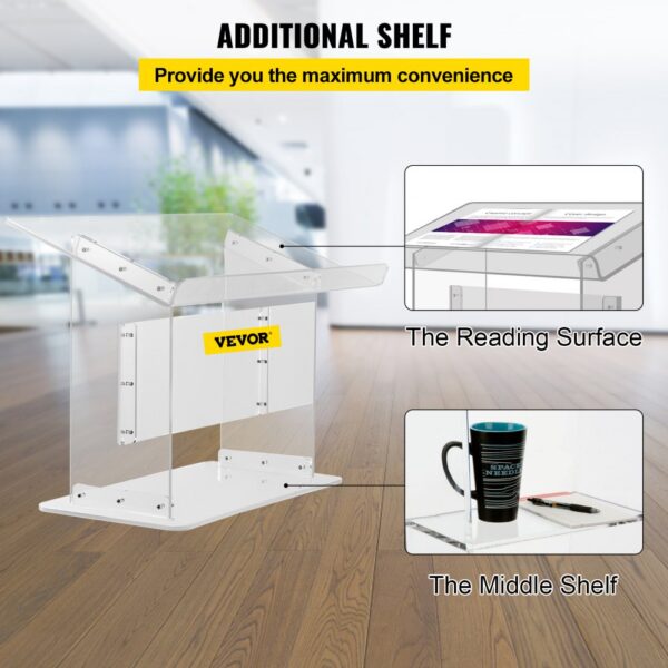 VEVOR acrylic podium with additional shelf and reading surface in a modern room.