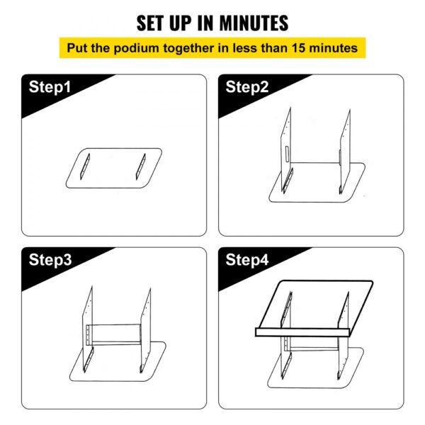 setup instructions for VEVOR acrylic podium, highlighting four easy assembly steps.