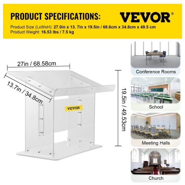 VEVOR acrylic podium with dimensions and usage in conference rooms, schools, meeting halls, and churches.