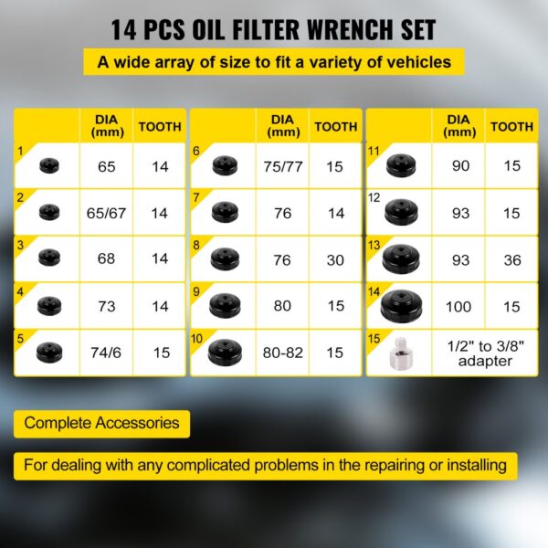 14 pcs VEVOR oil filter wrench set with sizes 65-100mm and adapter included.