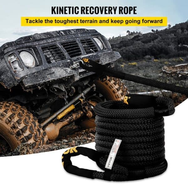muddy off-road vehicle using VEVOR kinetic recovery rope, coiled and ready for action.