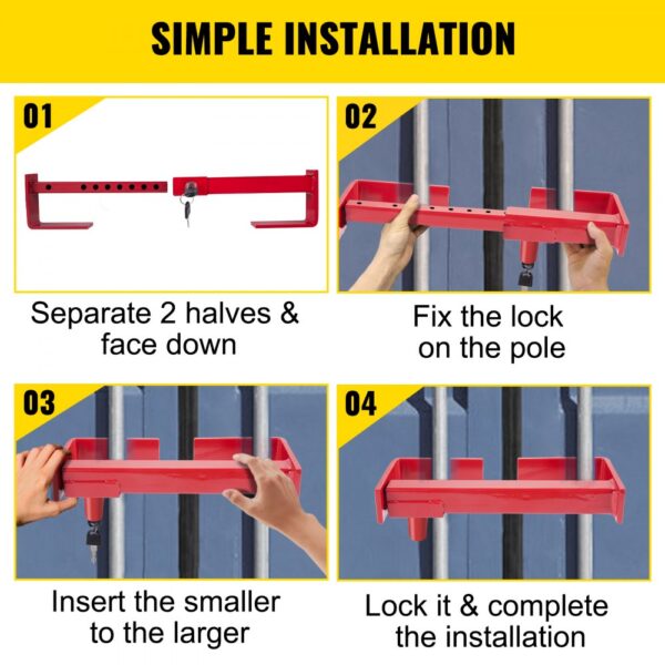 VEVOR cargo container lock installation steps in 4 panels on a yellow background.