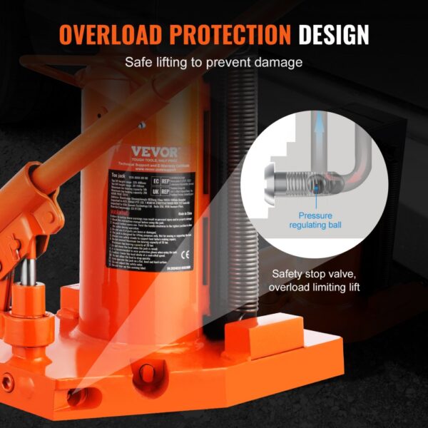 VEVOR hydraulic toe jack with overload protection design and safety stop valve for safe lifting.