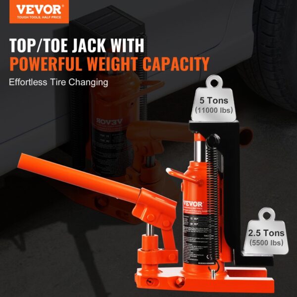 VEVOR hydraulic toe jack with 5-ton capacity, ensuring effortless tire changing for heavy vehicles.