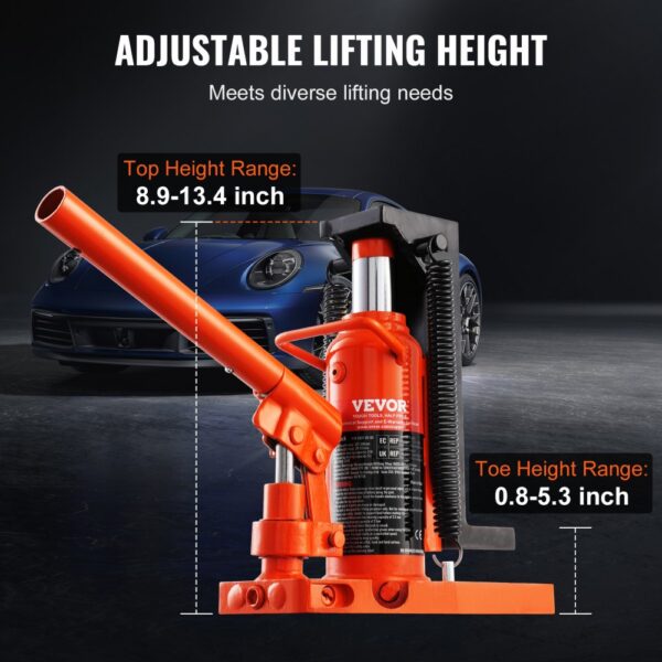 VEVOR hydraulic toe jack with adjustable lifting height, 8.9-13.4 inch top and 0.8-5.3 inch toe range.