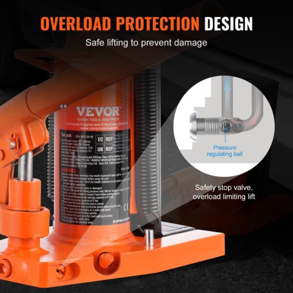 VEVOR hydraulic toe jack with overload protection, safety stop valve, and pressure regulating ball.