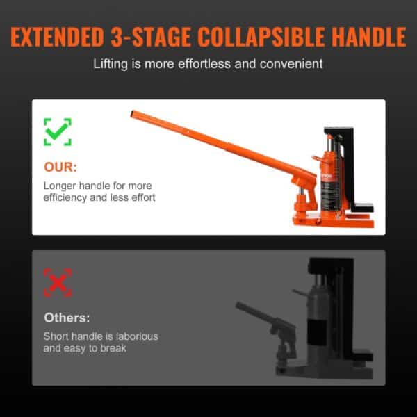 extended 3-stage collapsible handle of VEVOR hydraulic toe jack for efficient and effortless lifting.