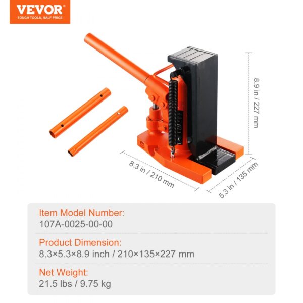 VEVOR hydraulic toe jack with two orange handles, dimensions and weight details displayed.